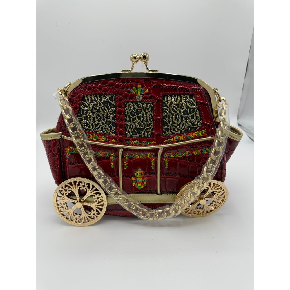 Red Faux Croc Embossed Cinderella Carriage Novelty Handbag Gold Wheels Crossbody - Picture 3 of 9